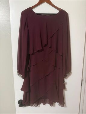 SLNY Burgundy Long-Sleeve Ruffle Dress with Beaded Cuffs